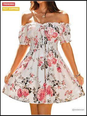 Floral Print Off Shoulder Ruffle Puff Sleeve Smocked Short Dress